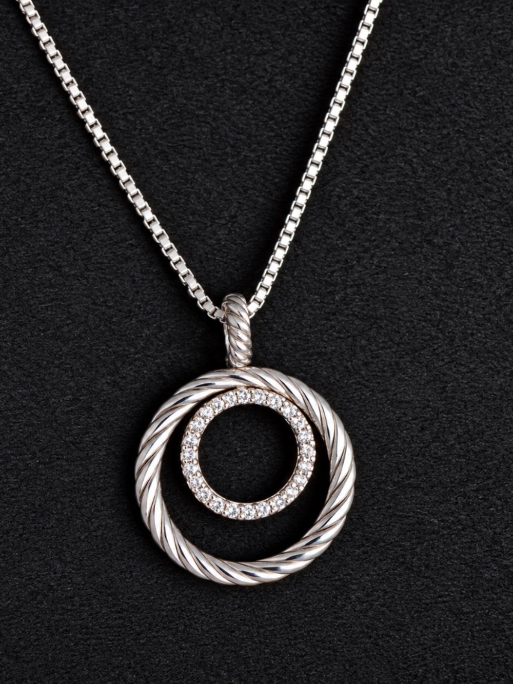 David Yurman Sterling Silver Diamond Double Circle Pendant Necklace 16-18"
